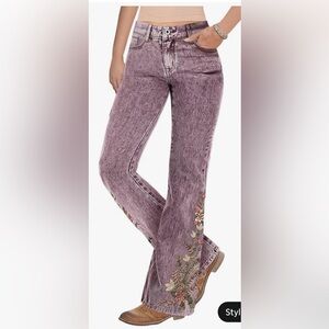 Flamingals Floral Embroidered Mid Waist Bootcut Jeans Size Large NWT